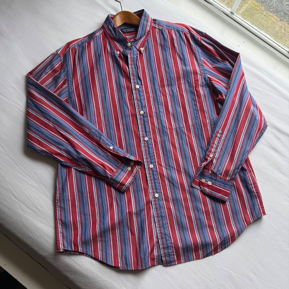 Roundtree & Yorke Mens Large Red Blue Striped Cotton Button Down Shirt LS